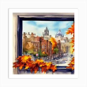 Autumn View From A Window Window View Of Dublin Ireland In Autumn Fall, Watercolor Art Print Art Print