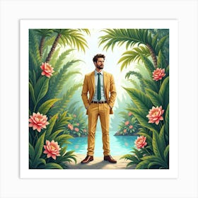 Charming Man In Watercolor Suit, Enchanting Tropical Garden 1 Art Print