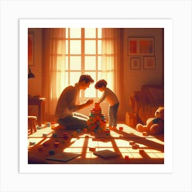 Father And Son Playing With Blocks Art Print