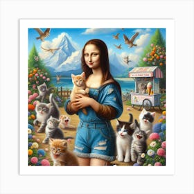 Mona Lisa in the Park with Cats Art Print