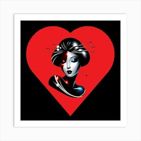 Geisha Illutration in Red Heart Art Print