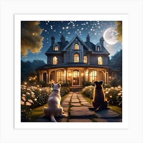 Dogs At Night In Front Of House Art Print