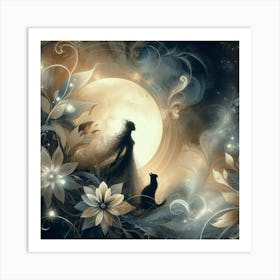 Cat silhouette in the moonlight Art Print