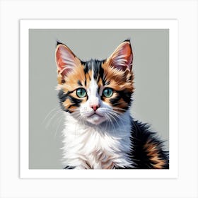Calico Kitten Digital Watercolor Portrait Art Print