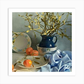 Blue Vase With Oranges Art Print