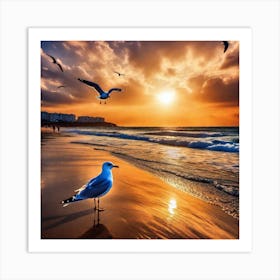 Seagulls On The Beach Art Print