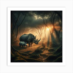 Mother And Baby Rhinos Art Print