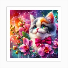 Cat With Orchids 1 Art Print