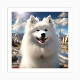 An American Eskimo Dog That Has Triangular Ears In A Futuristic Beautiful World Extra High Definiti(2) Art Print