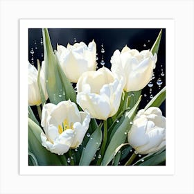 A Close Up View Of A Bunch Of White Tulips Their Petals Delicately Rendered In Watercolors With De (1) Art Print