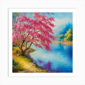 Pink Cherry Tree By The River Art Print