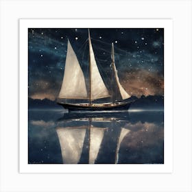 Sailboat At Night Gliding On Glass Art Print