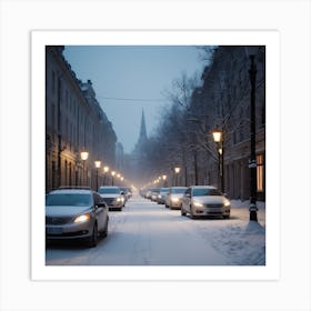 A Dimly Lit Snowy Street Lined With Parked Cars Has Buildings In The Background, Streetlights Providing Safety Amid The Peaceful White Surroundings 2 Art Print