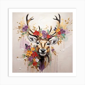 Deer Head With Flowers Art Print