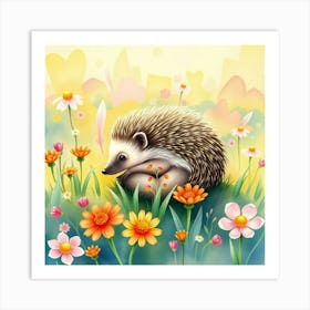 A Hedgehog Rolling In A Meadow Of Glowing Flowers, Set In A Bright Watercolor Landscape Art Print