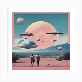 Make A Surreal Vintage Collage Of A Field With Planet Earth At The Center, A Couple Watching, Flying (11) Art Print