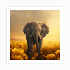 Elephant In A Field Of Yellow Flowers Art Print