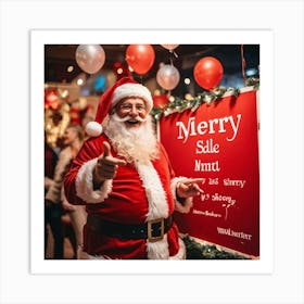 A Festive Christmas Scene With A Cheerful Man Dressed As Santa Claus Holding A Sign Fingers Pointin (2) Art Print