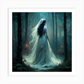 Woman In White Wedding Dress Walking In Dark Forest Art Print