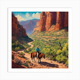 Detailed, vibrant illustration of a cowboy in the copper canyons the Sierra of Chihuahua State Art Print