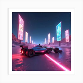 Formula Car Blazing Across A Neon Lit Desert With Towering Holographic Billboards 1 Art Print