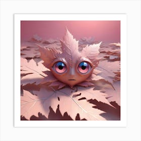 A Cute Creature With Big Eyes And A Worried Expression, Made Of A Pink Maple Leaf And Surrounded By Other Pink Leaves Art Print