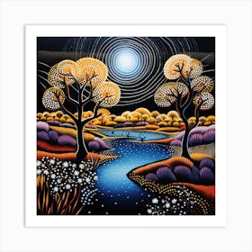 Aboriginal Art Black Background Scenic Art Print