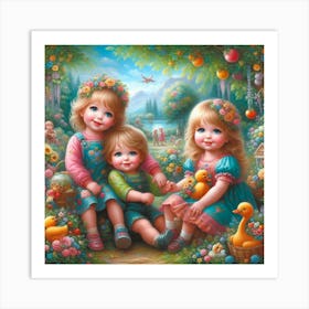 Three Little Girls With Ducks51 Art Print