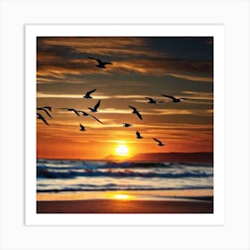 Birds In Flight At Sunset Art Print