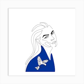 Woman with Bird Blue Line Print Art Print