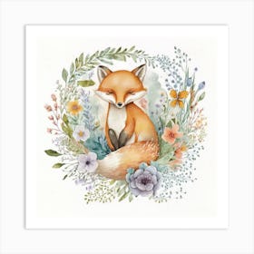 Watercolor Forest Cute Baby Fox 1 Art Print