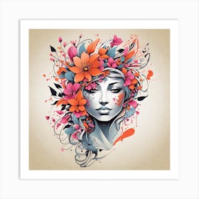 Woman With Flowers On Her Head Art Print