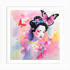 Geisha With Butterflies Art Print