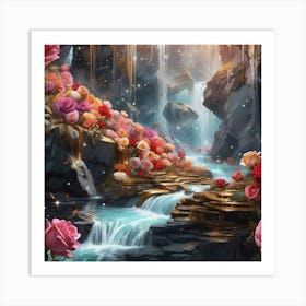 Waterfall With Roses 2 Art Print