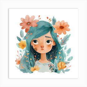 Girl With Blue Hair And Flowers Art Print