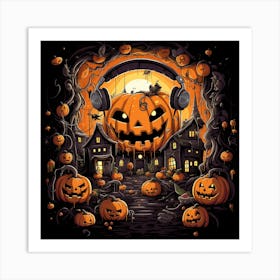 Halloween Pumpkins With Headphones Art Print