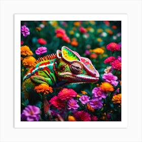 Colorful Chamelon In The Flowers Art Print