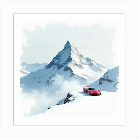 Ferrari By A Watercolor Snowy Mountain Peak With Gentle Snowfall 1 Art Print