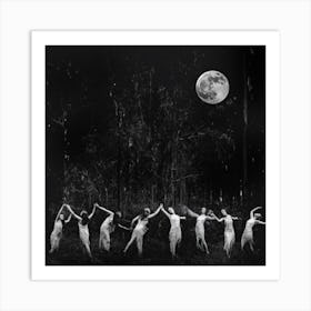 Dancing in the Moonlight - Remastered High Resolution Vintage Witchy Art Print of Women Dance to the Moon Goddess in the Forest on a Full Moon - Beautiful Etheral Witchcraft Nymphs Ladies Womens Circle Healing Magic Art Print