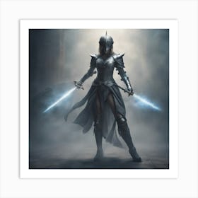 Woman Standing In Dynamic Pose Wearing Armor Holding Sword And Magic, Futuristic Medieval, Epic Comp Art Print