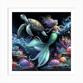 Mermaid And Turtle 1 Art Print