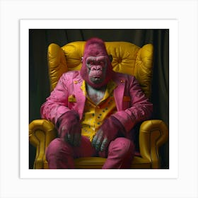 A Pink Clown Gorilla, Sitting In Big Yellow Chair, In The Style Of Zbrush, Yellow And Pink, , Daz3d, Dark White And Pink, Tiago Hoisel, Full Body , Looking In To The Camera, Zoom Out Poster