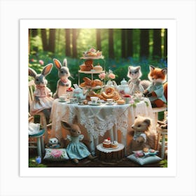 Woodland Tea Party Wall Print Art A Delightful Scene Of Woodland Animals Enjoying A Tea Party, Perfect For Adding A Touch Of Whimsy To Any Room Art Print