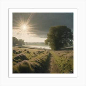 Sun Rising Over A Field Art Print