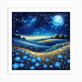 Blue Poppies At Night Art Print