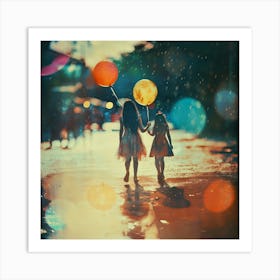 Two Girls Holding Balloons In The Rain Art Print