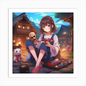 Anime Girl Sitting On The Ground Art Print