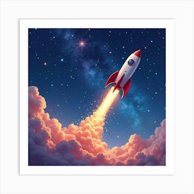 Rocket Exploring A Watercolor Fantastical Star Scene 1 Art Print