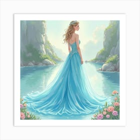 Enchanting Gown In Watercolor, With A Floating Crystal Lake 1 Art Print