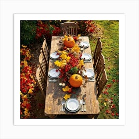 A Rustic Wooden Table Sun Dappled Bedecked By Autumns Bounty In A Traditional Country Garden Top (1) Art Print